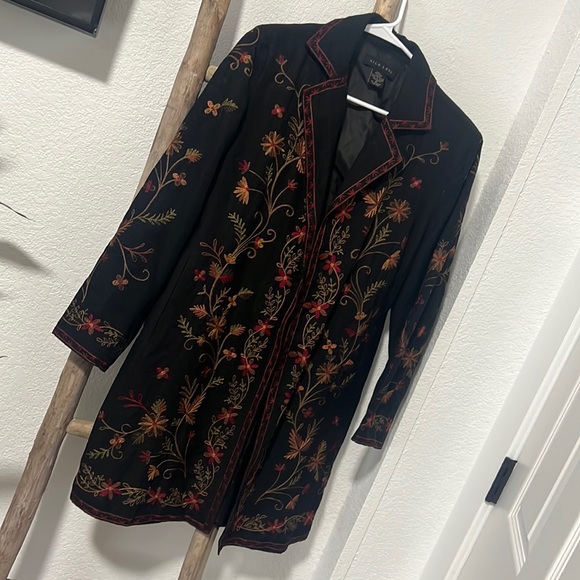 Silk land embroidery long blazer lightweight jacket, size M - Picture 1 of 5